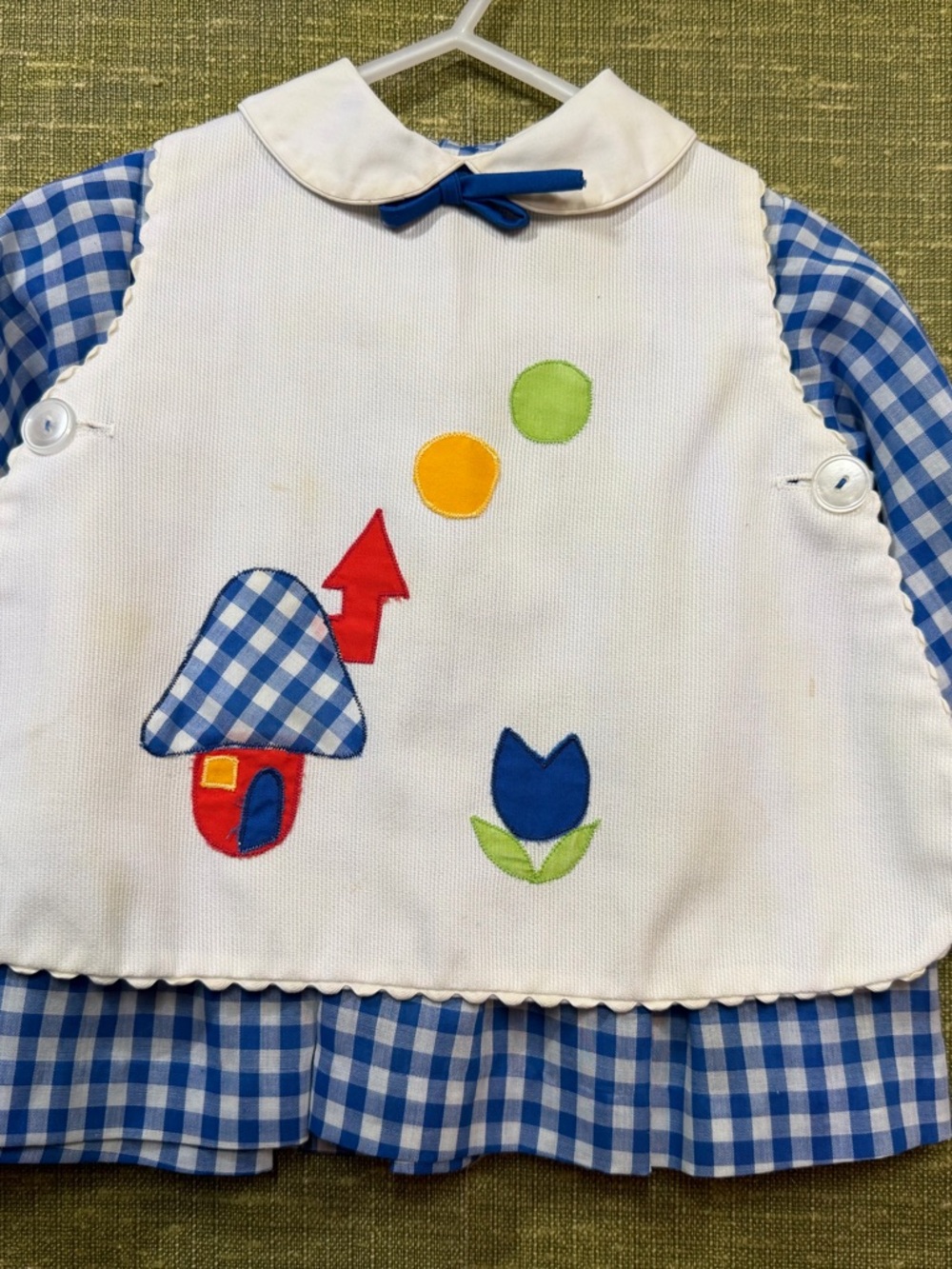 VTG 70s Baby Togs Gingham Mushroom Pinafore Dress Set
